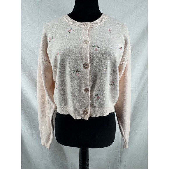 Riley & Rae Sweaters - Riley & Rae Pink Floral Embroidered Cropped Cardigan Sweater XL Cottagecore